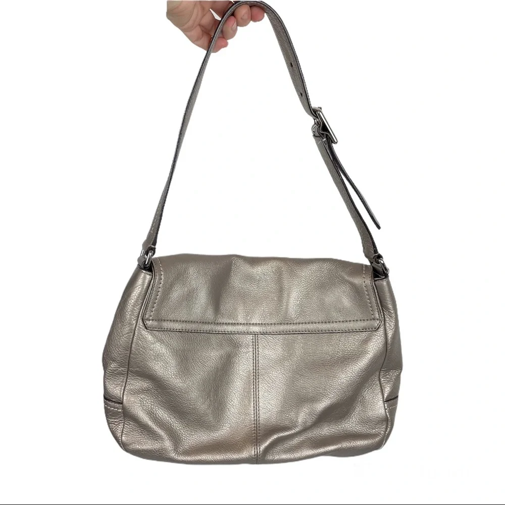 Coach Park Leather Flap Shoulder Bag Metallic Silver